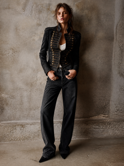 Giacca Donna in Ecopelle con Dettagli Dorati Stile Militare Vintage