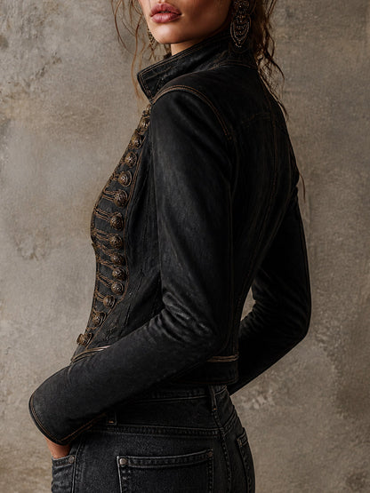 Giacca Donna in Ecopelle con Dettagli Dorati Stile Militare Vintage