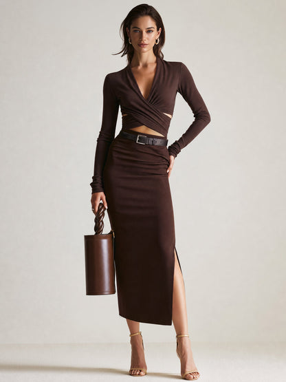 Completo Donna in Maglia con Top Incrociato Scollo a V e Gonna Midi con Spacco