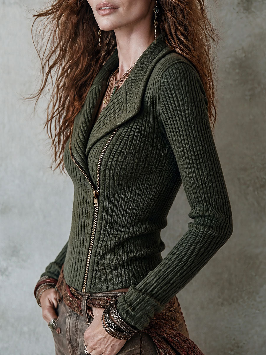 Maglione Donna Boho in Maglia a Coste Asimmetrico con Zip Laterale