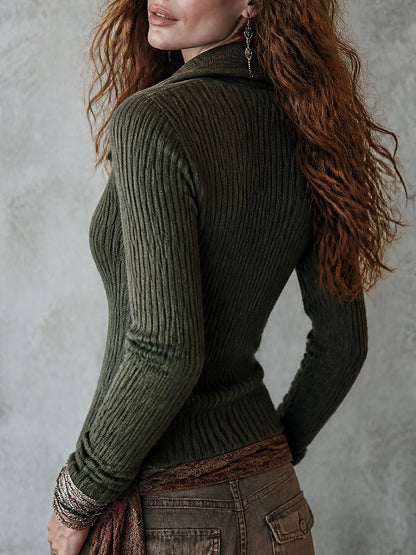 Maglione Donna Boho in Maglia a Coste Asimmetrico con Zip Laterale