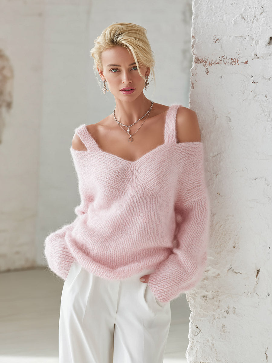 Maglione Donna Rosa in Maglia Morbida con Doppio Spallino