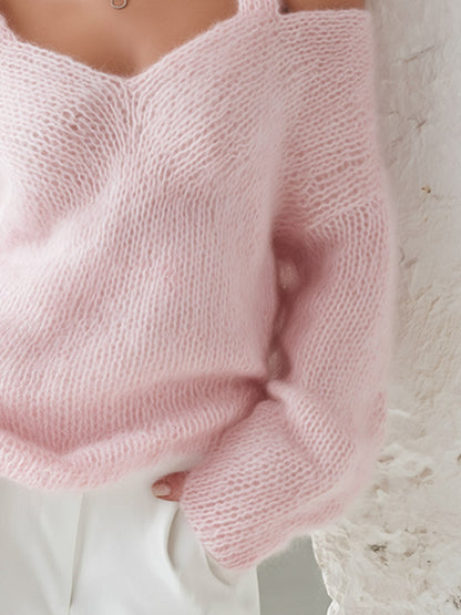 Maglione Donna Rosa in Maglia Morbida con Doppio Spallino