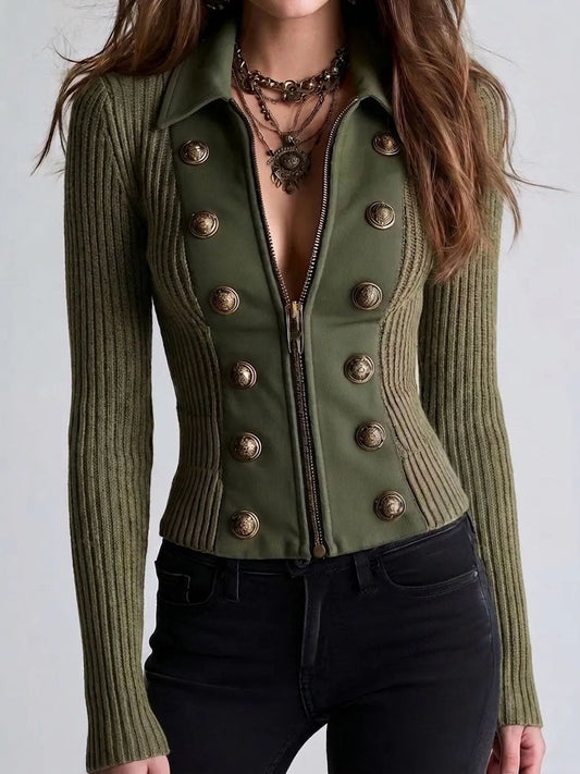 Cardigan Donna in Maglia Verde Militare con Bottoni Decorativi in Ottone