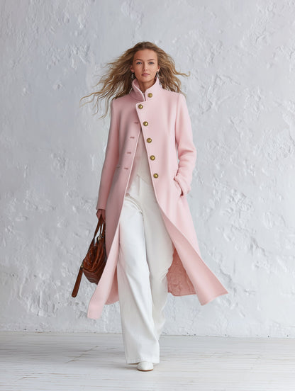 Cappotto Donna Rosa Classico con Collo Alto e Chiusura Monopetto