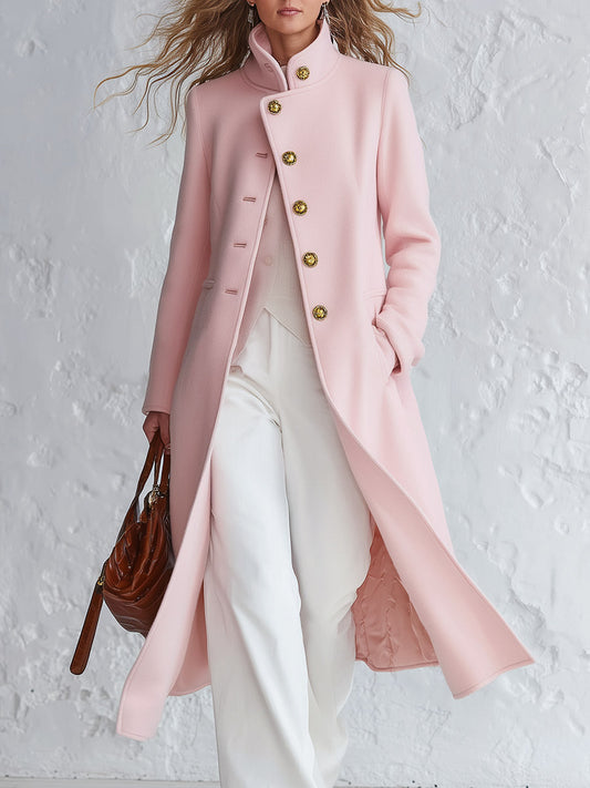 Cappotto Donna Rosa Classico con Collo Alto e Chiusura Monopetto