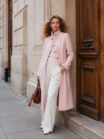 Cappotto Donna Rosa Classico con Collo Alto e Chiusura Monopetto