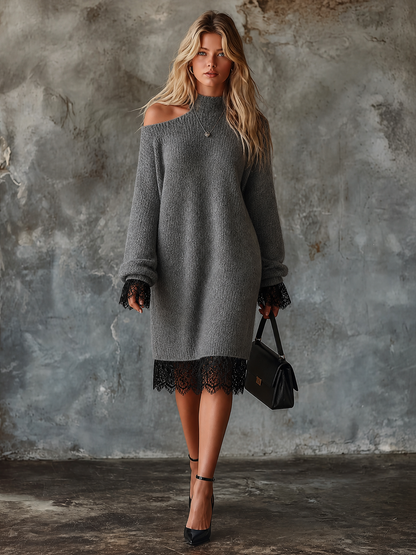Abito Midi Donna in Maglia Grigio Mélange con Collo Alto e Spalle Scoperte