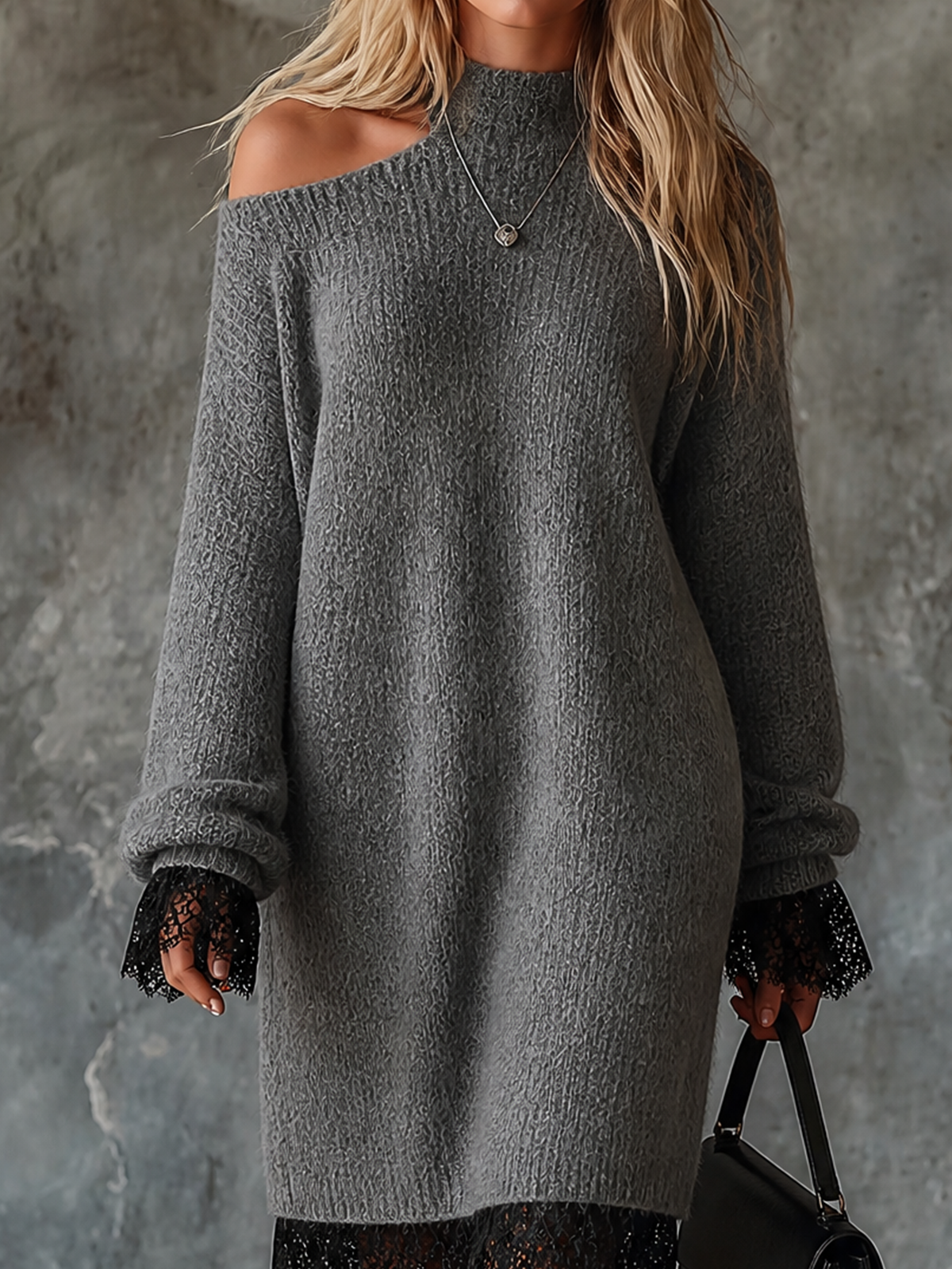 Abito Midi Donna in Maglia Grigio Mélange con Collo Alto e Spalle Scoperte