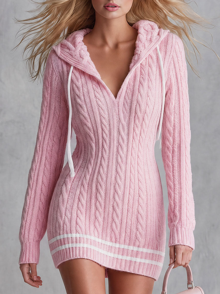 Abito Mini Donna Rosa in Maglia a Treccia con Cappuccio e Scollo a V