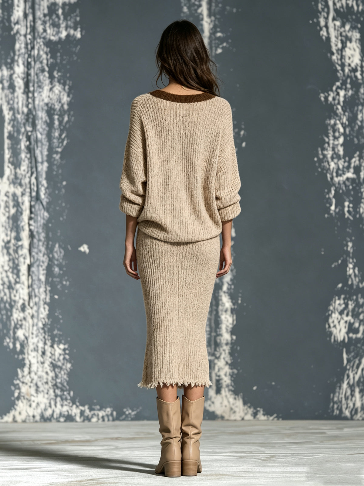 Completo da Donna in Maglia Cammello con Top Monospalla e Gonna Midi con Bordo a Contrasto