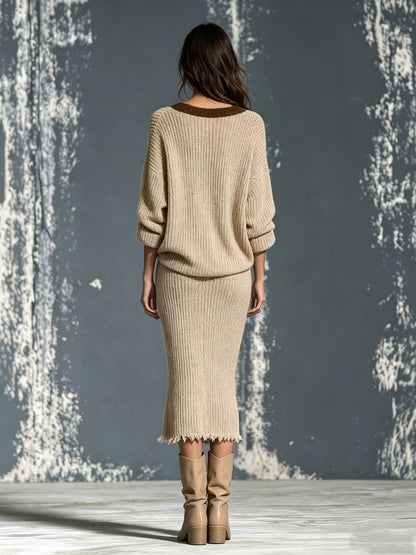 Completo da Donna in Maglia Cammello con Top Monospalla e Gonna Midi con Bordo a Contrasto