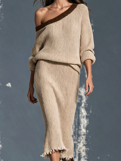 Completo da Donna in Maglia Cammello con Top Monospalla e Gonna Midi con Bordo a Contrasto