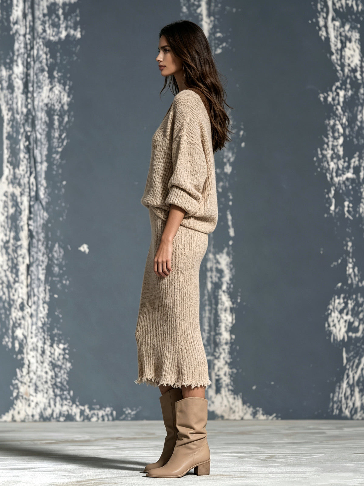 Completo da Donna in Maglia Cammello con Top Monospalla e Gonna Midi con Bordo a Contrasto