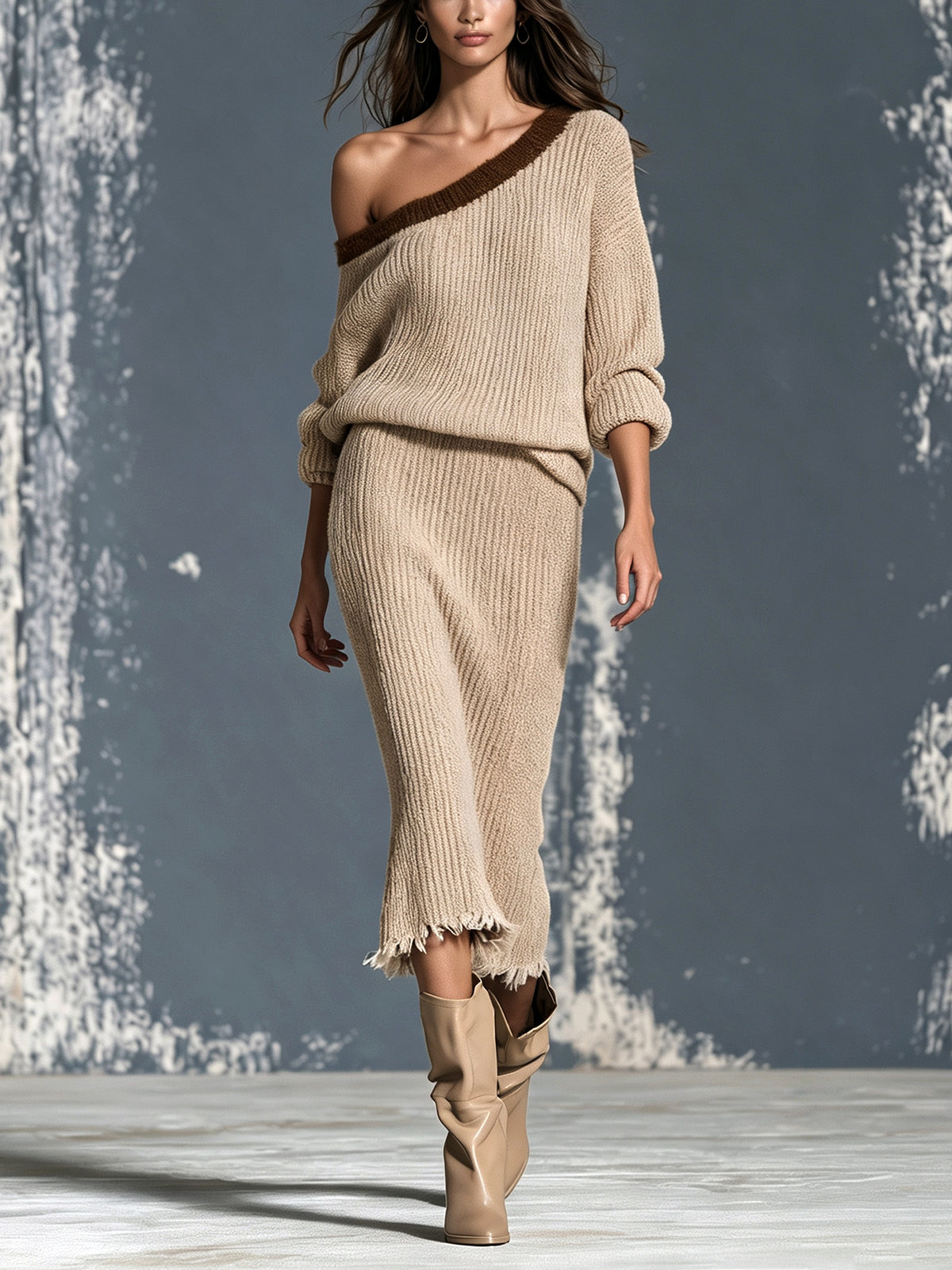 Completo da Donna in Maglia Cammello con Top Monospalla e Gonna Midi con Bordo a Contrasto