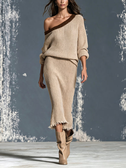 Completo da Donna in Maglia Cammello con Top Monospalla e Gonna Midi con Bordo a Contrasto
