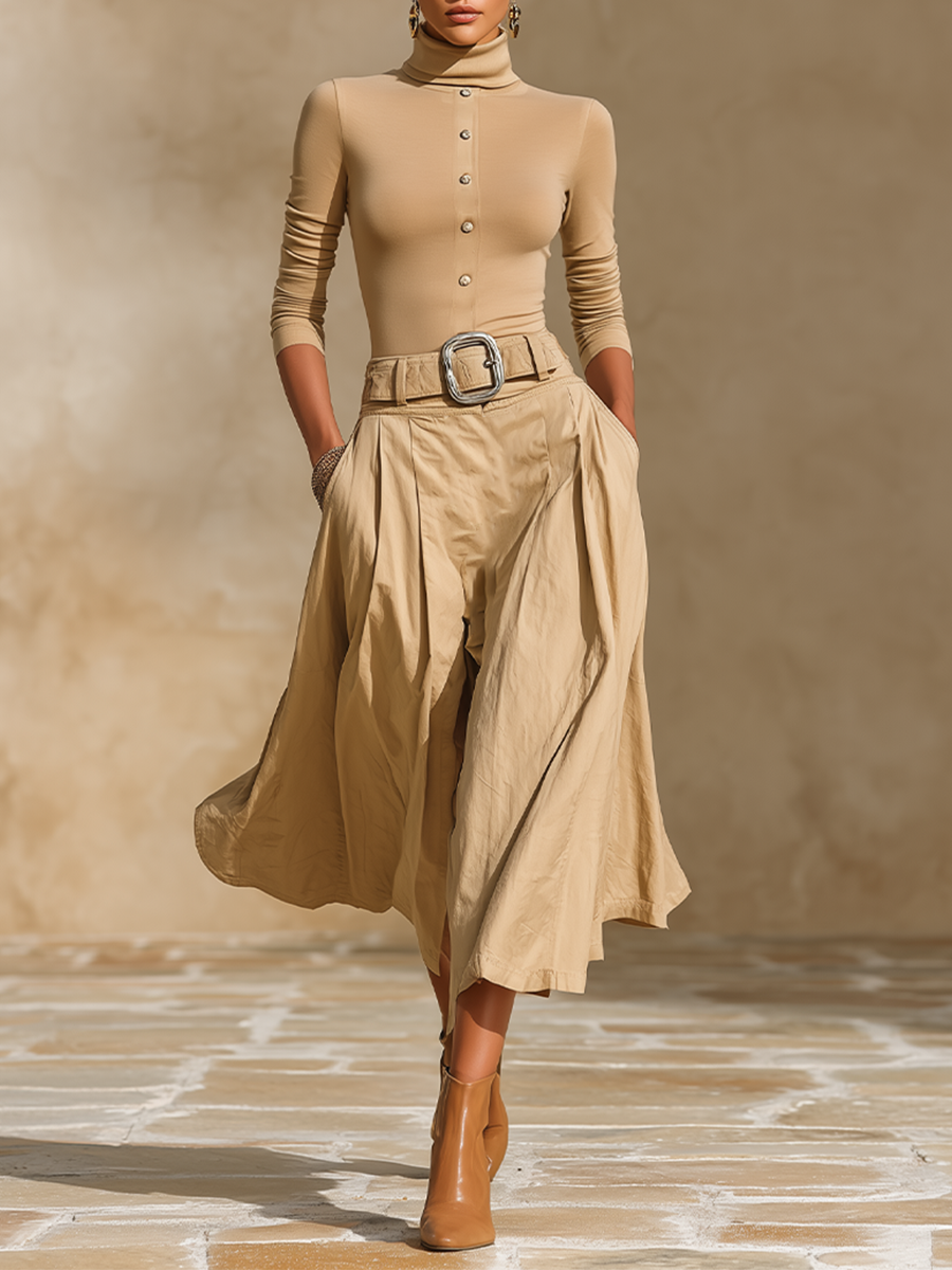 Completo da Donna per Ufficio con Top a Collo Alto, Cintura e Gonna Lunga Plissettata
