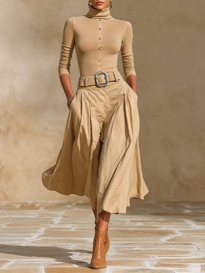 Completo da Donna per Ufficio con Top a Collo Alto, Cintura e Gonna Lunga Plissettata