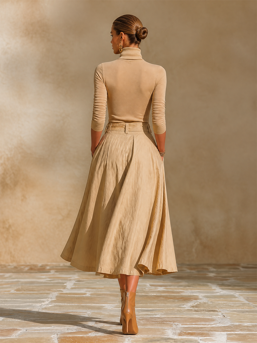 Completo da Donna per Ufficio con Top a Collo Alto, Cintura e Gonna Lunga Plissettata
