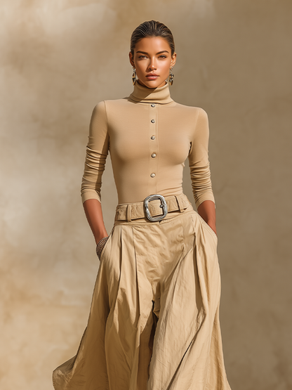 Completo da Donna per Ufficio con Top a Collo Alto, Cintura e Gonna Lunga Plissettata