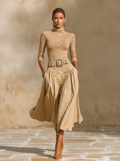 Completo da Donna per Ufficio con Top a Collo Alto, Cintura e Gonna Lunga Plissettata