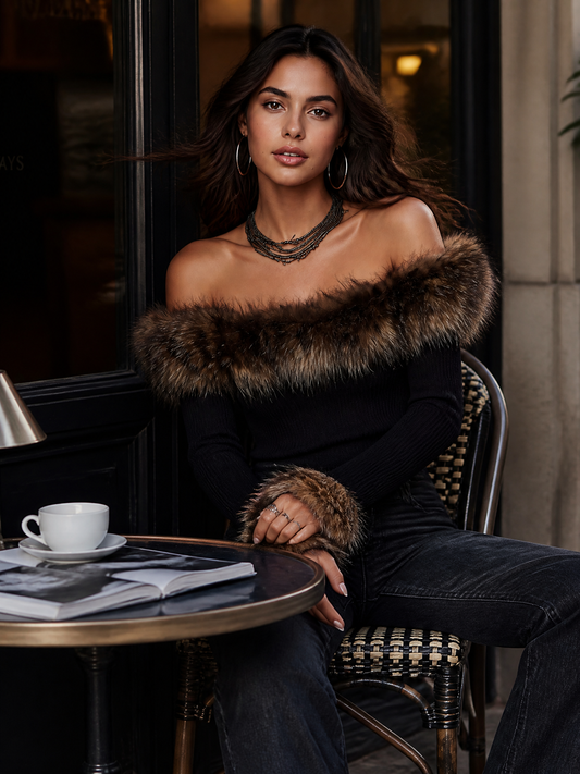 Top Donna in Maglia a Coste con Colletto in Pelliccia Rimovibile