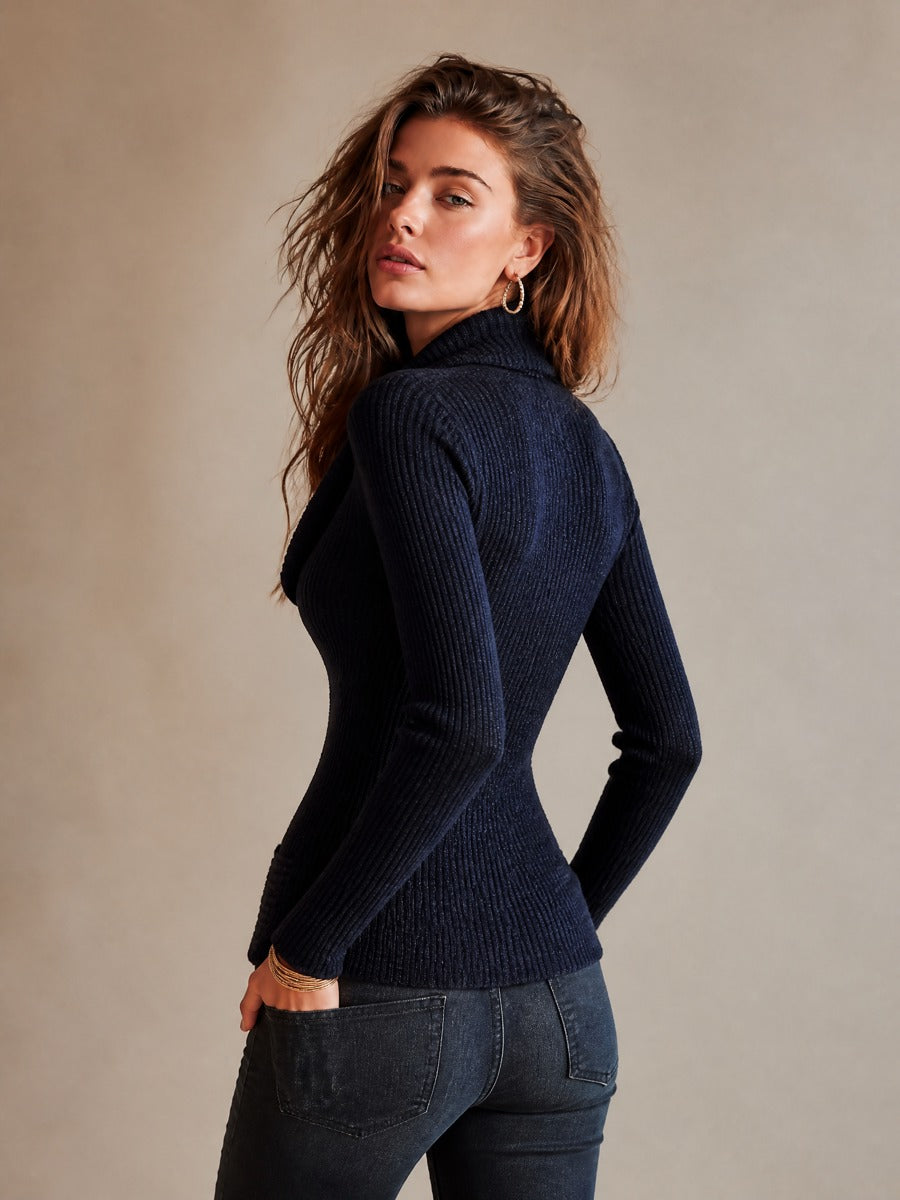 Cardigan Donna in Maglia a Coste con Scollo a Cascata, Bottoni e Tasche
