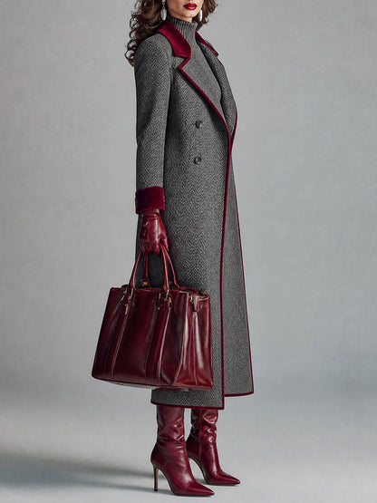 Cappotto Donna Lungo in Lana Spigata con Dettagli in Velluto