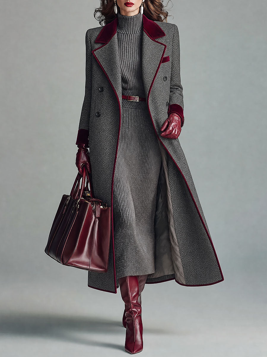 Cappotto Donna Lungo in Lana Spigata con Dettagli in Velluto