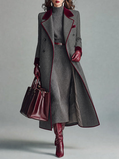 Cappotto Donna Lungo in Lana Spigata con Dettagli in Velluto
