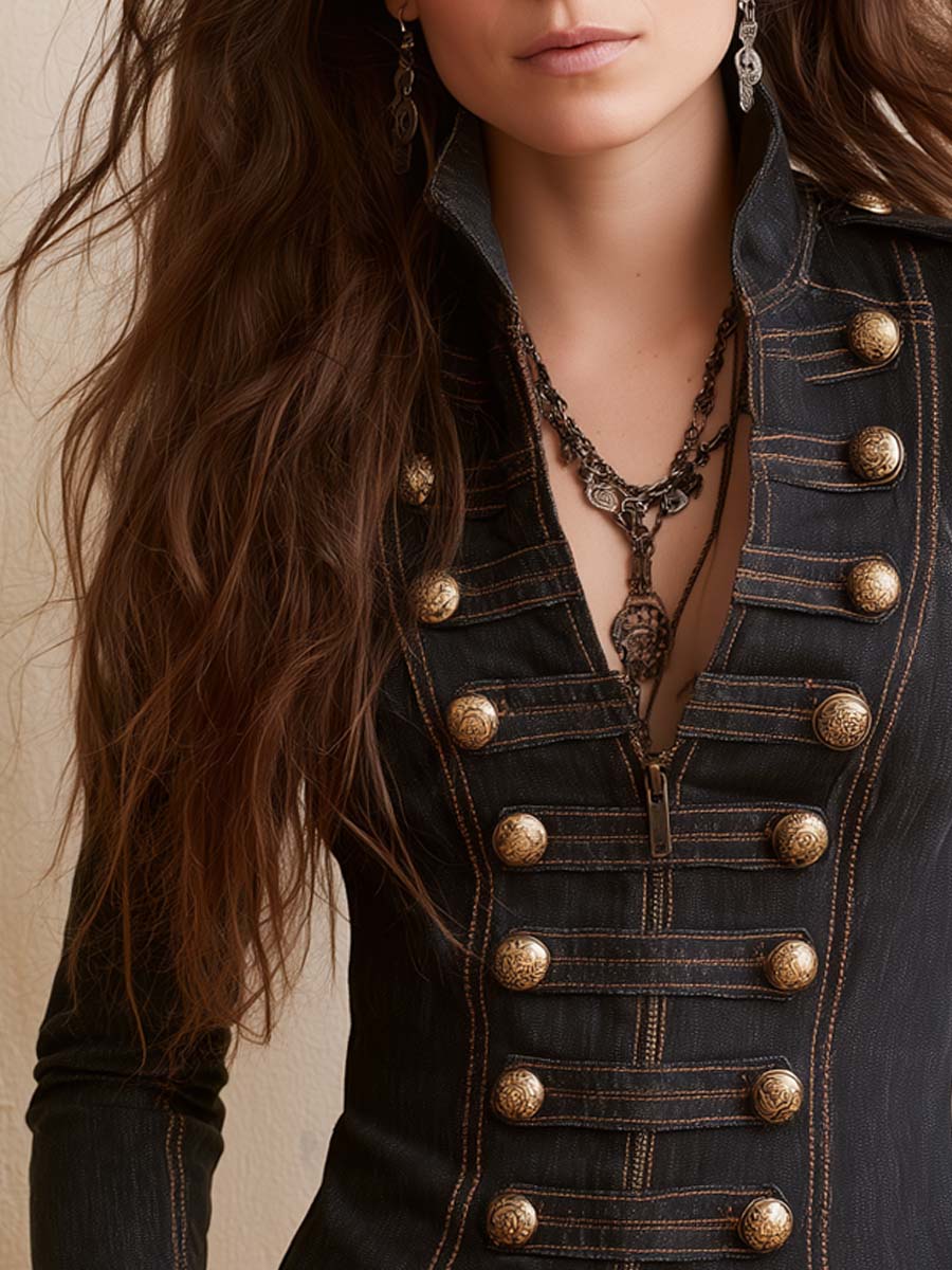 Blusa Donna in Denim con Dettagli Militari e Cuciture a Contrasto