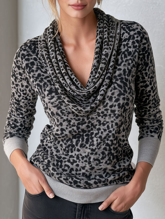 Maglia Donna in Maglia Grigia con Stampa Leopardata e Collo Alto