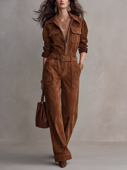 Jumpsuit Donna in Ecopelle Scamosciata Color Cognac con Cintura