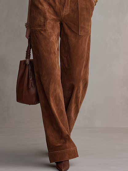 Jumpsuit Donna in Ecopelle Scamosciata Color Cognac con Cintura
