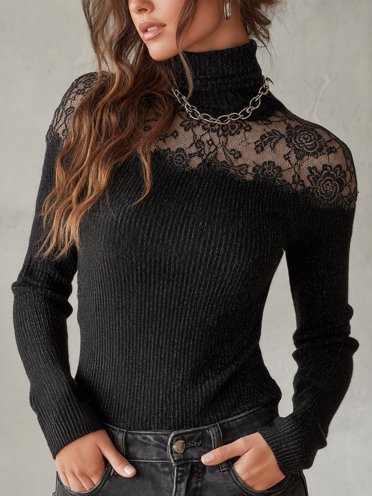 Top Donna a Collo Alto in Maglia a Coste con Pizzo Floreale