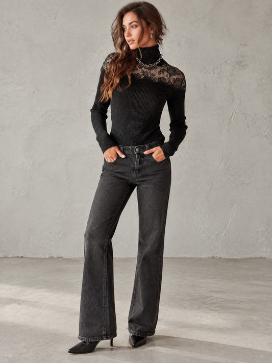 Top Donna a Collo Alto in Maglia a Coste con Pizzo Floreale