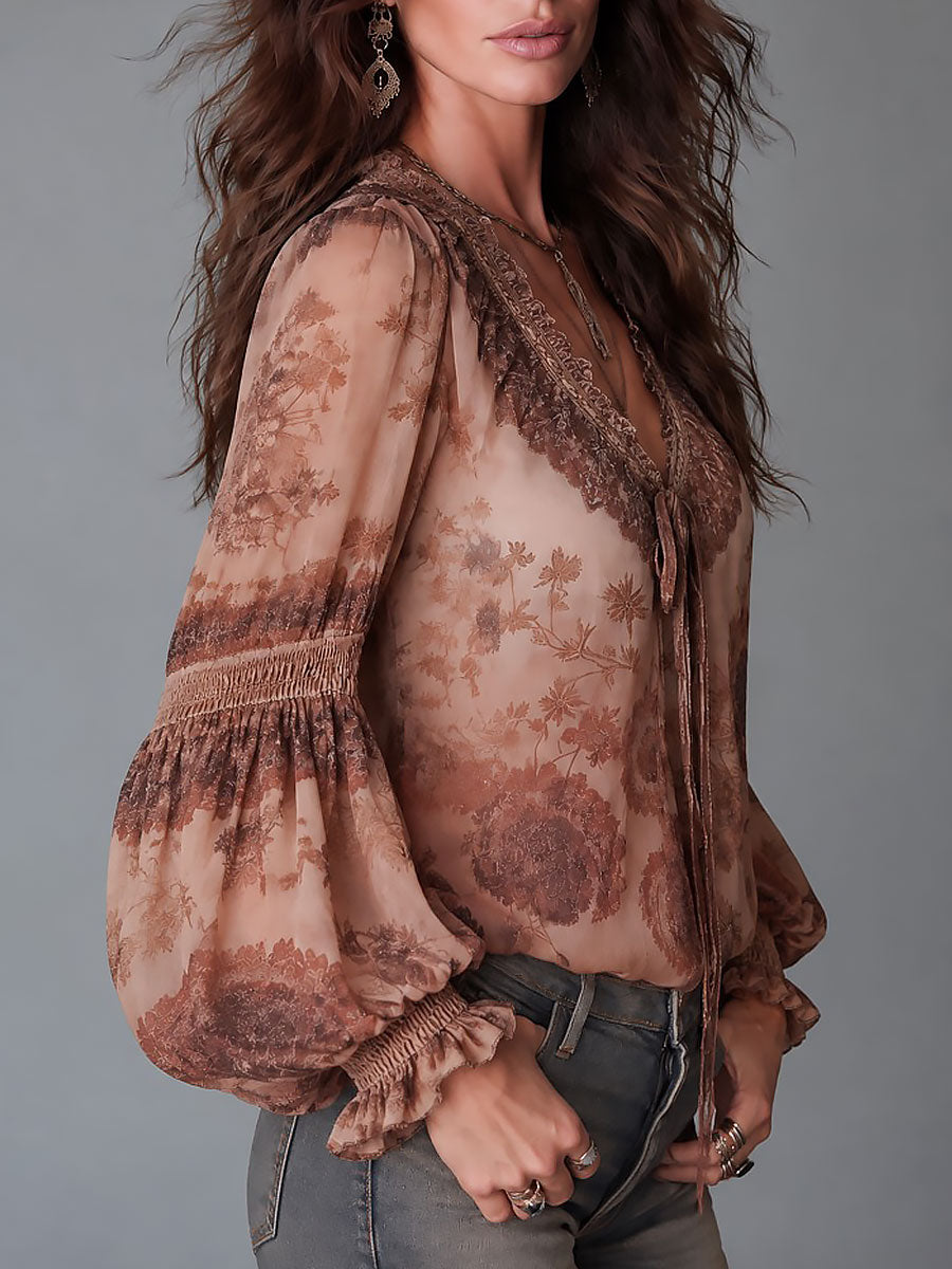 Blusa Donna Boho in Chiffon Trasparente con Stampa Floreale e Maniche a Lanterna