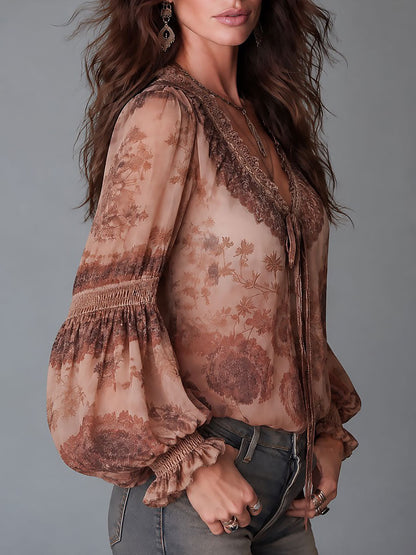 Blusa Donna Boho in Chiffon Trasparente con Stampa Floreale e Maniche a Lanterna