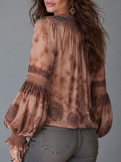 Blusa Donna Boho in Chiffon Trasparente con Stampa Floreale e Maniche a Lanterna