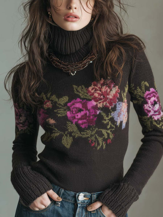 Maglione Donna in Maglia con Motivo Floreale Effetto Pittura