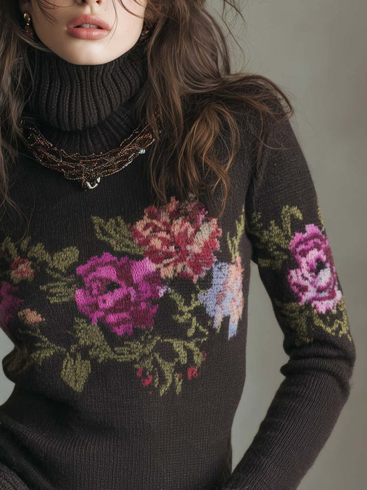 Maglione Donna in Maglia con Motivo Floreale Effetto Pittura