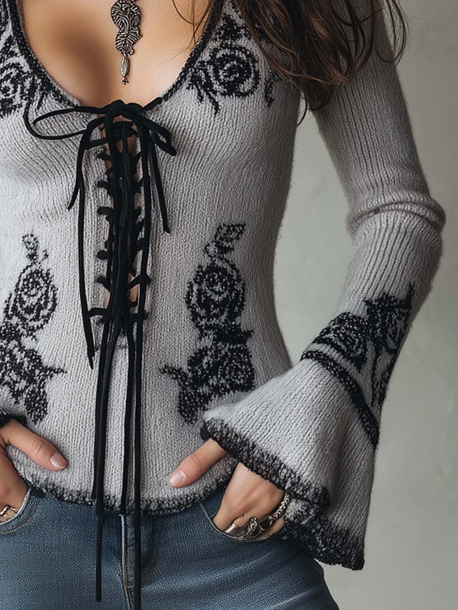 Maglione Donna Vintage Rosa con Motivo e Scollo a Fiocco