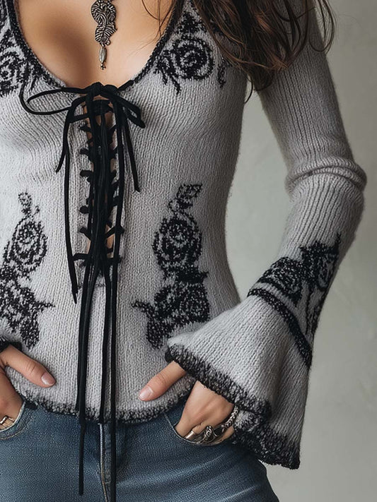 Maglione Donna Vintage Rosa con Motivo e Scollo a Fiocco