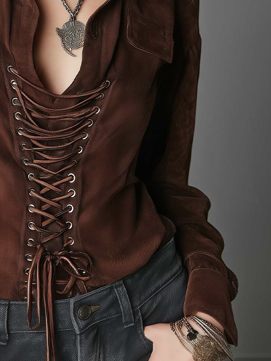 Blusa Donna Marrone Cioccolato con Lacci Frontali