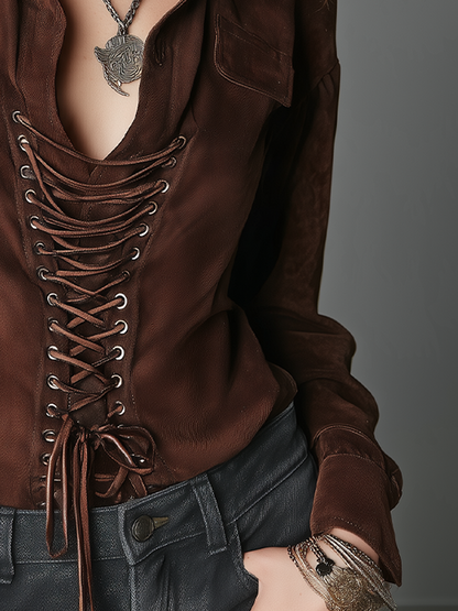Blusa Donna Marrone Cioccolato con Lacci Frontali