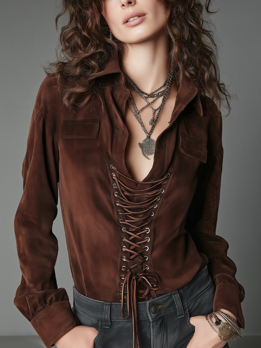 Blusa Donna Marrone Cioccolato con Lacci Frontali