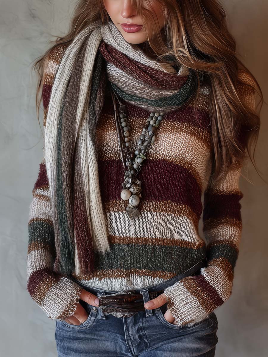 Maglione Donna a Righe con Sciarpa Abbinata