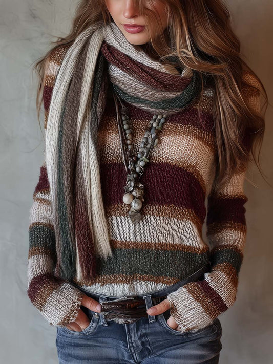 Maglione Donna a Righe con Sciarpa Abbinata