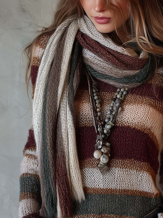 Maglione Donna a Righe con Sciarpa Abbinata