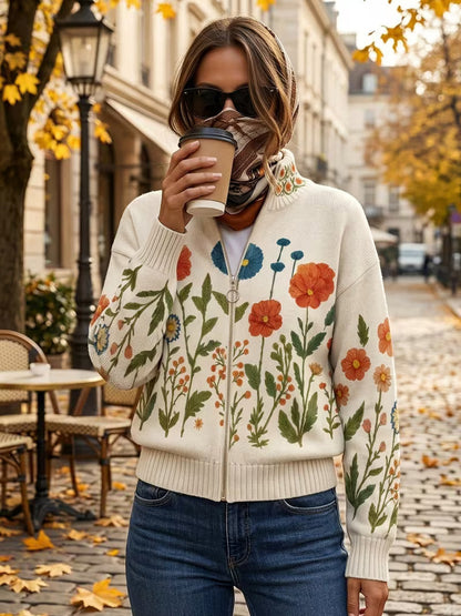 Cardigan Donna in Maglia Crema con Stampa Floreale